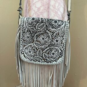 Floral Fringe Crossbody Bag - Black and White